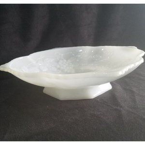 Vintage White Milk Glass Fruit Bowl Scalloped Edge Grape Vine Footed  10" large